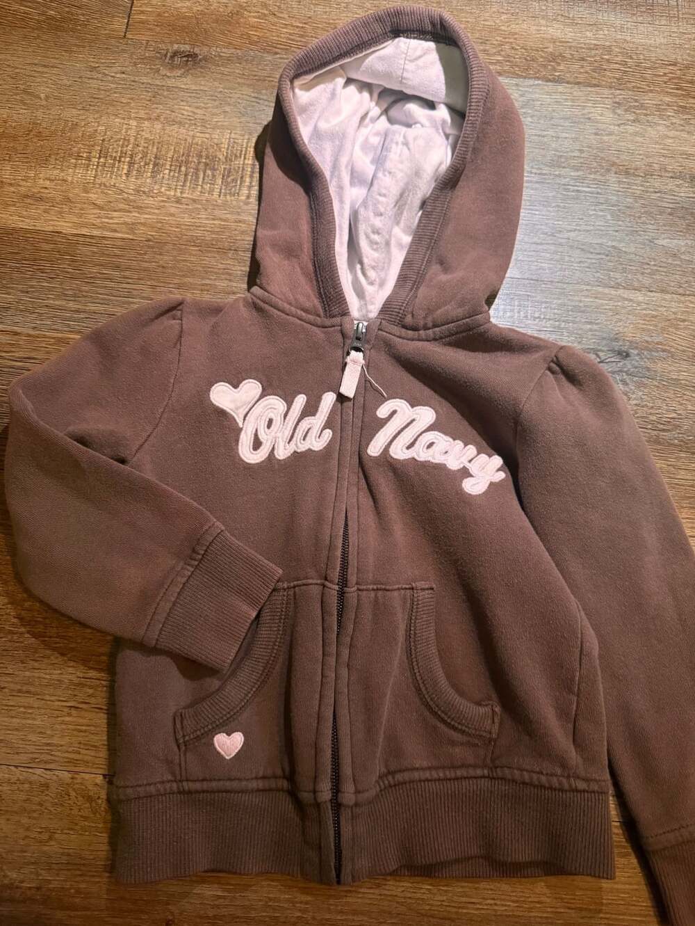 2009 Old Navy Full Zip Hoodie Size 5T Brown Pink Applique Logo Sweatshirt
